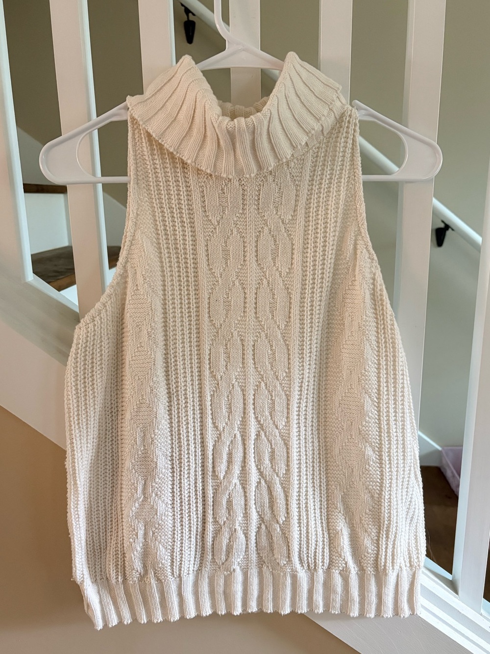 Vintage Cream Cable-Knit Sleeveless Turtleneck Sweater